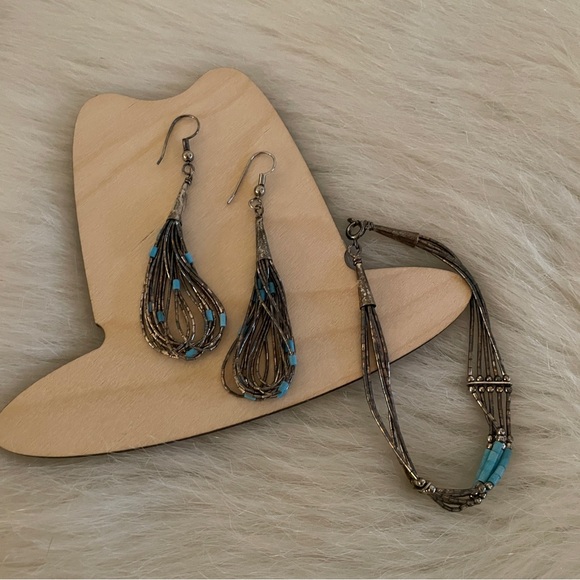 Vintage Beaded Earring Bracelet Set Sterling Silver & Turquoise Native American - Picture 7 of 9
